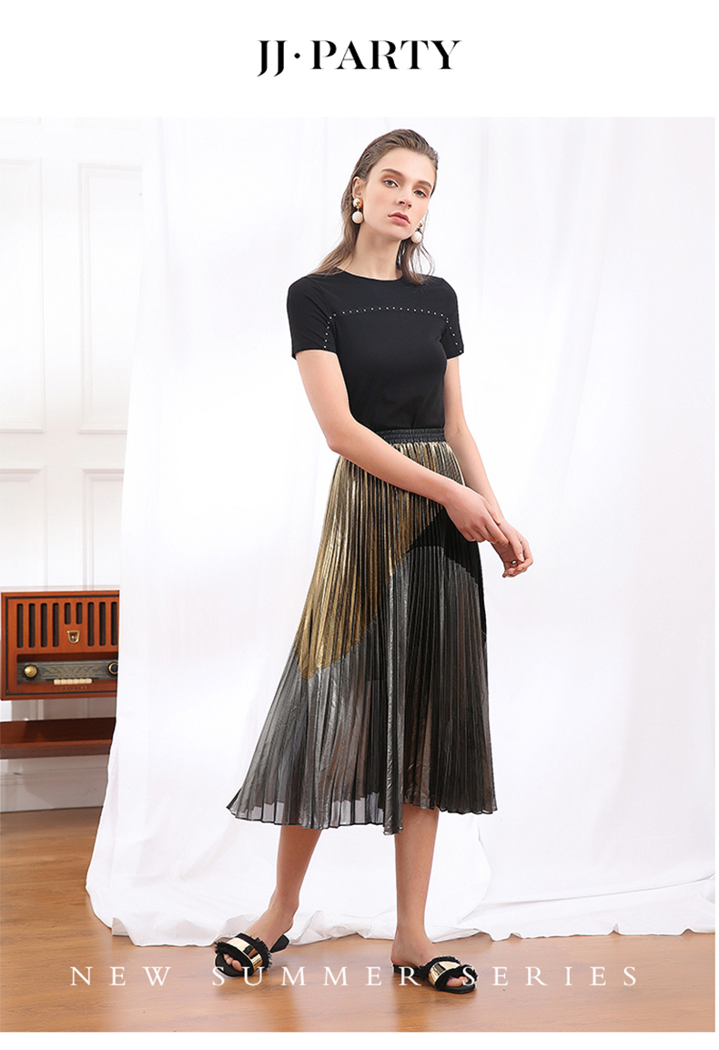 JJparty中长款百褶裙秋冬拼接半身裙女装复古亮丝高腰金属色a字裙